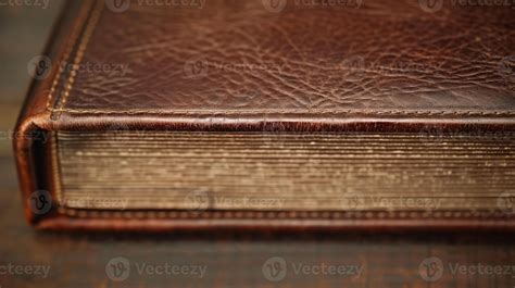 Close-Up of Smooth Brown Leather-Bound Book Cover with Detailed Texture on Wooden Table for ...