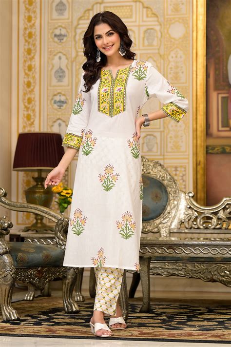 White Cotton Mughal Block Printed Kurta Pant Set – Bada Boota