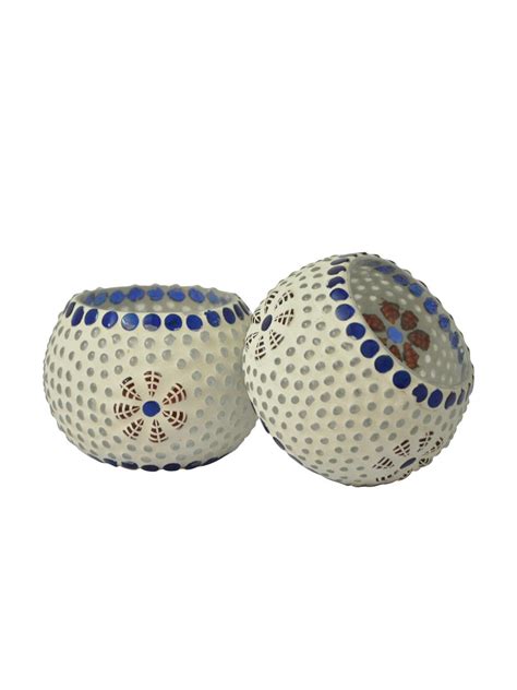 Buy | Set Of 2 Off-White & Red Mosaic Glass Tea Light | Tied Ribbons