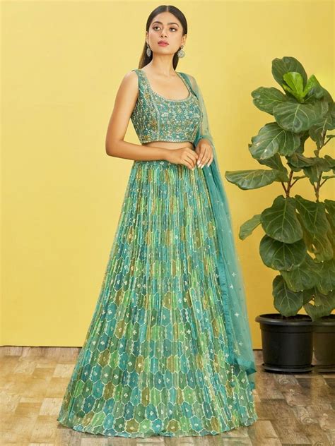Shop Rocking Green Mirror Work Organza Mehendi Wear Lehenga Choli From ...