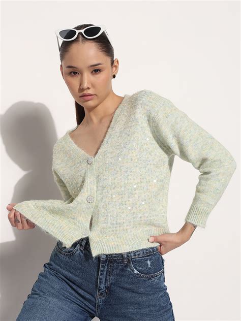 SHOWOFFFF Edition Women's Embellished Sea Green V-Neck Cardigan