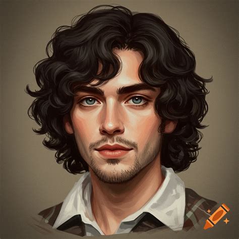 A portrait of a man with curly brown hair and blue eyes wearing a plaid ...