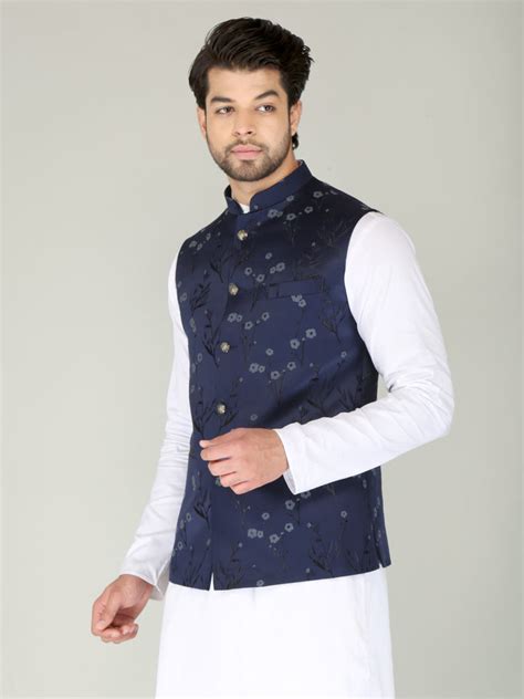 Navy Floral Printed Nehru Jacket For Men | Amogue