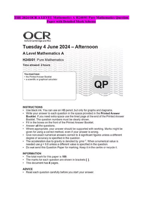 THE 2024 OCR A LEVEL Mathematics A H240/01 Pure Mathematics Question ...