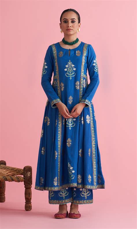 Apala Blue Foil print Anarkali with palazzo and dupatta(set of 3 ...