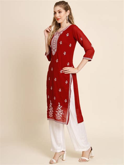 Buy HERE&NOW Women Floral Embroidered Thread Work Georgette Kurta ...