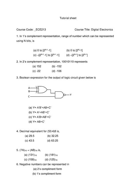 Tute sheet 2 - kbhjh - Tutorial sheet Course Code: _ECE213 Course Title ...