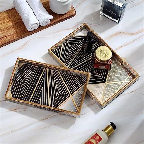 DULI Set of 2 MDF Wood Square Trays Enamel Coated|Rectangle Trays Set ...