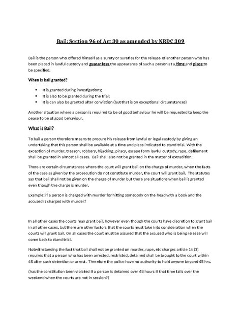 Bail Concepts Under Act 30: Insights from Section 96 NRDC 309 - Studocu