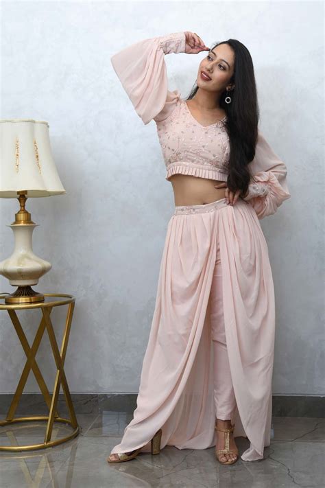 Blush Pink Georgette Crop Top With Cowl Pants | Mulmul – Mulmul.com