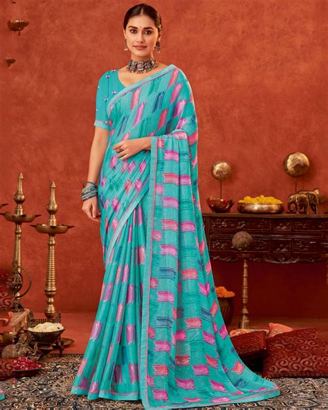 Vishal Prints Dark Turquoise Blue Printed Fancy Chiffon Saree With Fan