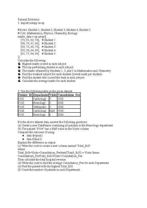 Tutorial Problems 2: Data Analysis with Numpy & Pandas - Studocu