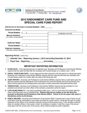 Fillable Online cfb ca 2012 ECF and SCF Annual Report - Cemetery and ...