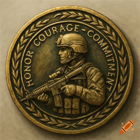 A bronze military challenge coin featuring a soldier with a rifle in ...