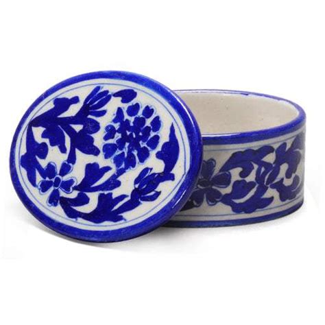 Jaipur Blue Pottery Handmade Oval Box in White Base with Blue Floral 3 ...