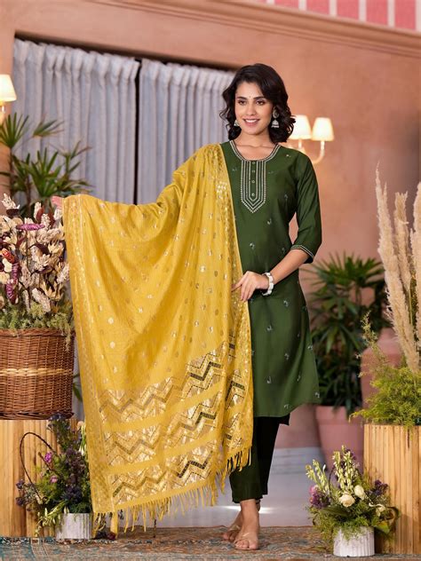 Green Zari Embroidered Viscose Kurta Set with Tassels - Juniper Fashion