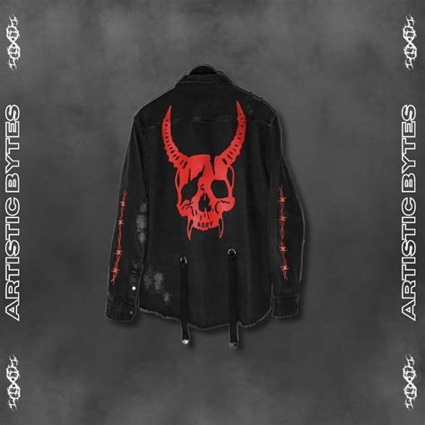 Buy Black Button up Denim Jacket With Red Demon Print, Ripped Denim ...