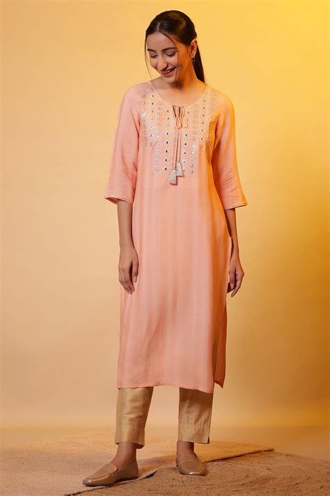 Buy Peach Solid Mirror Embroidered Straight Woven Kurta Online for ...