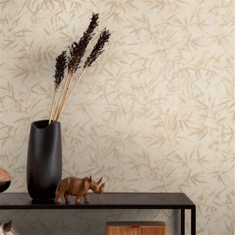 Leaves wallpaper beige brown - subtle patterned wallpaper with bamboo ...