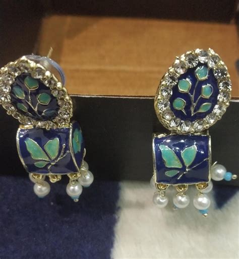 Zaveri Pearls Blue Meenakari Traditional Yellow Gold Butterfly Jhumki ...