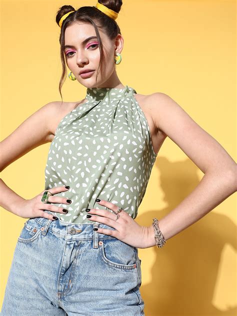 Women Green & White Geometric Printed High Neck Sleeveless Tie-Up Back ...