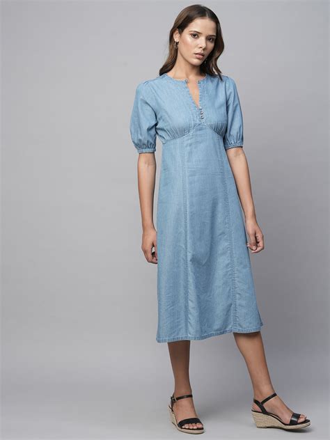 Buy Now Chemistry Cotton Tencel Denim gathered Basque Panelled A-Line Dress