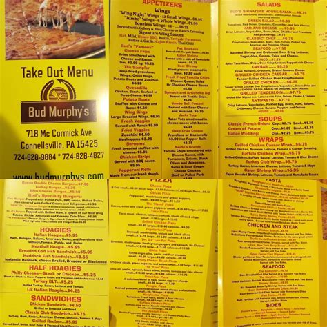 Menu at Bud Murphy's pizzeria, Connellsville