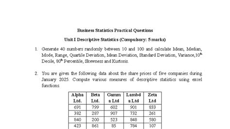 Business Statistics Practical Questions Unit I: Descriptive Stats ...