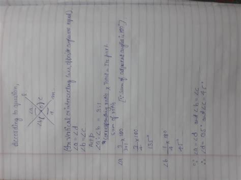 When line l and m intersect at point o the ratio of the measure of the ...