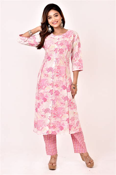 Baby Pink Floral Print A-Line Kurta With Pant – Miss 'N' Misses