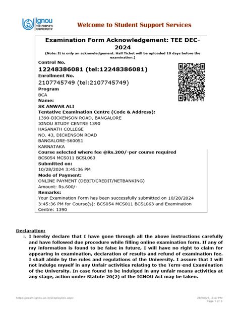 Image result for Ignou Assignment Receipt Form