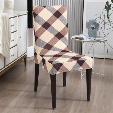 Beige Checks Print Elastic Chair Covers Set | HOKIPO – HOKIPO | Har ...