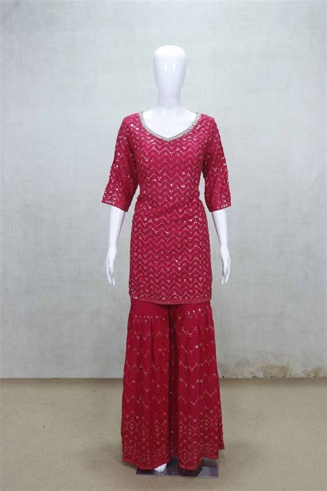 Stunning Red Mirror Work Kurti Style Sharara Set with Dupatta ...
