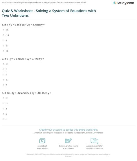 Quiz & Worksheet - Solving a System of Equations with Two Unknowns ...