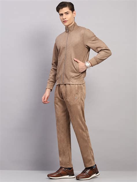 Buy Luxuria Men Camel Brown Solid Collar Full Sleeve Winter Tracksuit ...