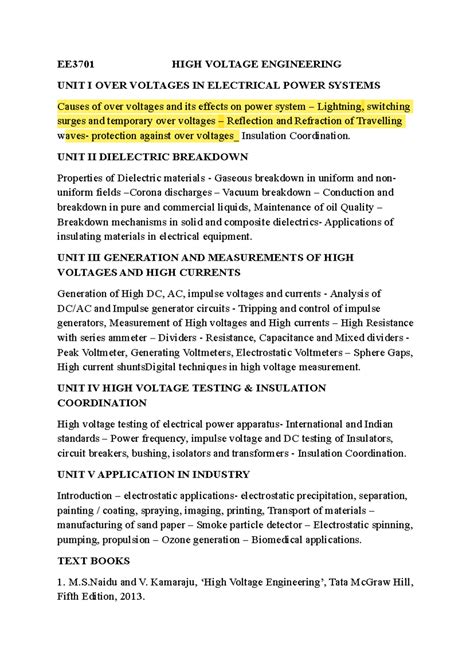 Syllabus SEM 7 - EE3701 HIGH VOLTAGE ENGINEERING UNIT I OVER VOLTAGES ...
