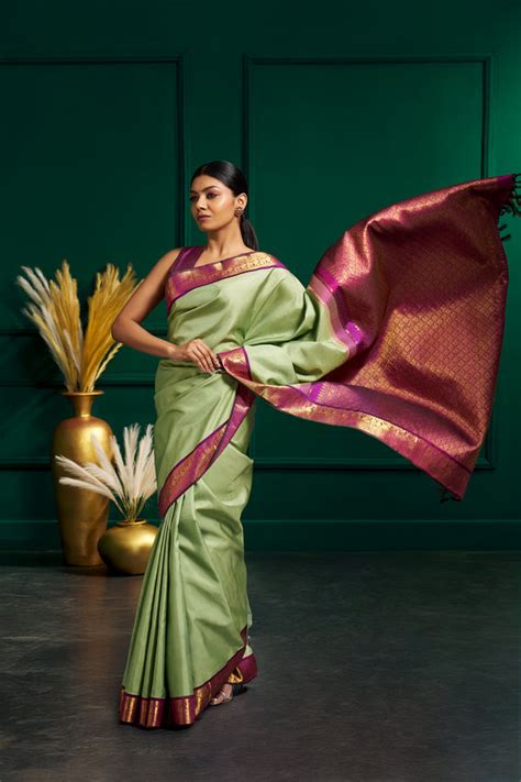 Handwoven Mint Green & Purple Kanchipuram Silk Saree | Buy Online Now ...