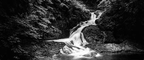 Download wallpaper 2560x1080 waterfall, stones, water, black and white ...