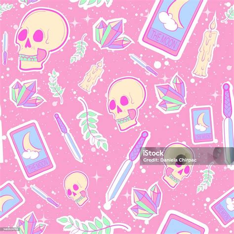 Pastel Goth Seamless Pattern With Skulls Amethysts Daggers And Branches Repeat Background With ...
