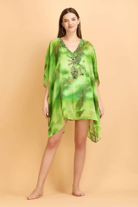 Buy Green V-neck Cosmic Print Embellished Kaftan With Inner Slip For ...
