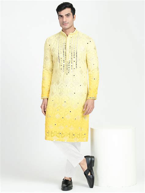 Mens Chikankari Mirror Embroidery Ombre Effect Kurta Set – Devyom ...