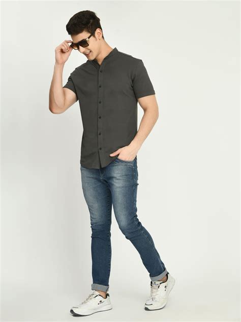 Buy Men's Solid Dark Grey Mandarin Collar Shirt Online – SQUIREHOOD