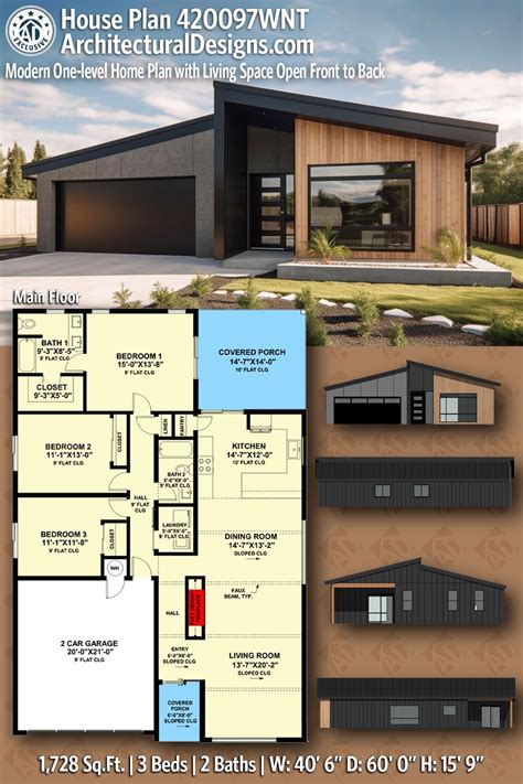 Plan 420097WNT: 3-Bed Contemporary Ranch with Open Living Space Front ...