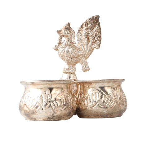 3 Cups Brass Kumkum Holder with Peacock HandleÂ In Silver finish