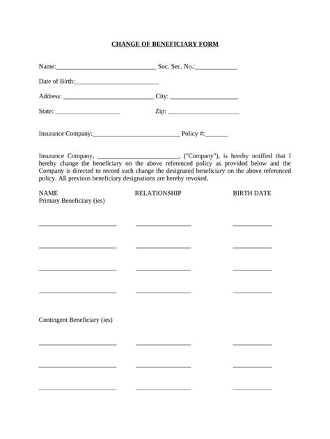 Change of Beneficiary Form - Blank Fillable Template | Fill Out, Print ...