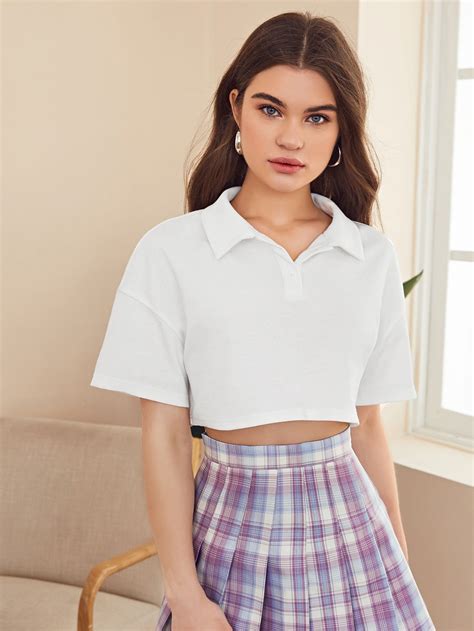 Drop Shoulder Crop Polo Shirt | Polo shirt girl, Jacket outfit women ...