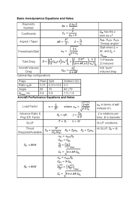 EG-296 Equations - Summary Flight Mechanics - Basic Aerodynamics Equations and Notes Reynold’s ...