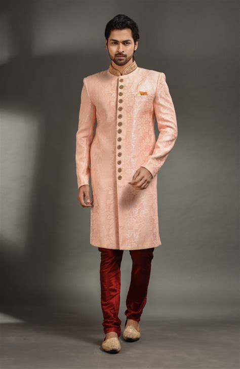 HAMSAFAR Men’s BABY PINK NET Poly Viscose Jacquard Sherwani – Hamsafar ...