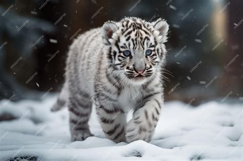 Premium Photo | Cute Baby white tiger running on snow generative AI