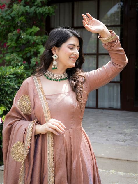 Jiya Premium Blush Brown Anarkali Gown with Golden Border Dupatta ...